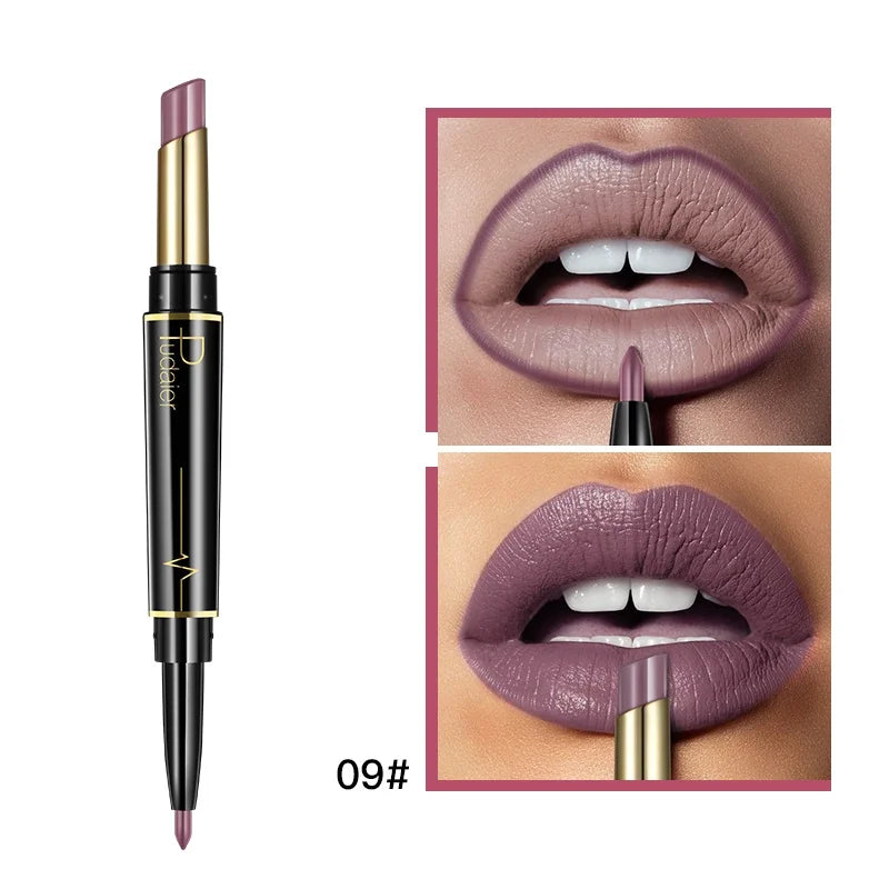 Lipstick and lip liner duo in mauve for defined lips with lip liner
