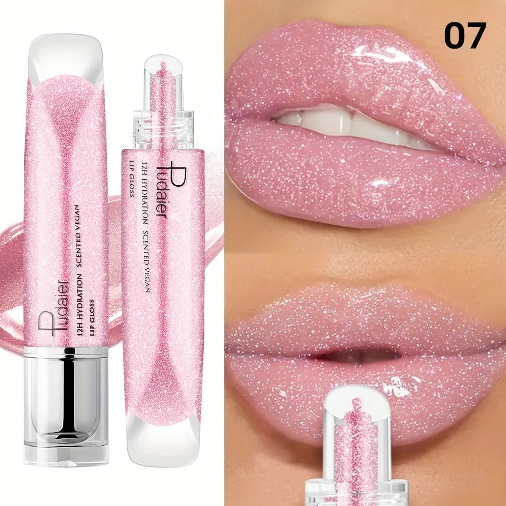 Pink shimmer lip gloss, moisturizing formula for a glossy finish