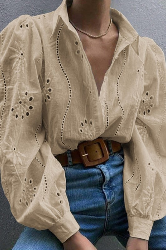Women's puff sleeve blouse in beige with decorative cutouts, casual wear