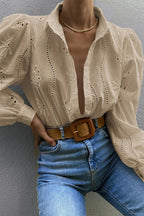 Women's puff sleeve blouse in beige, lightweight cotton, casual wear