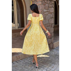 Yellow puff sleeve dress, floral fabric, ideal for summer outings