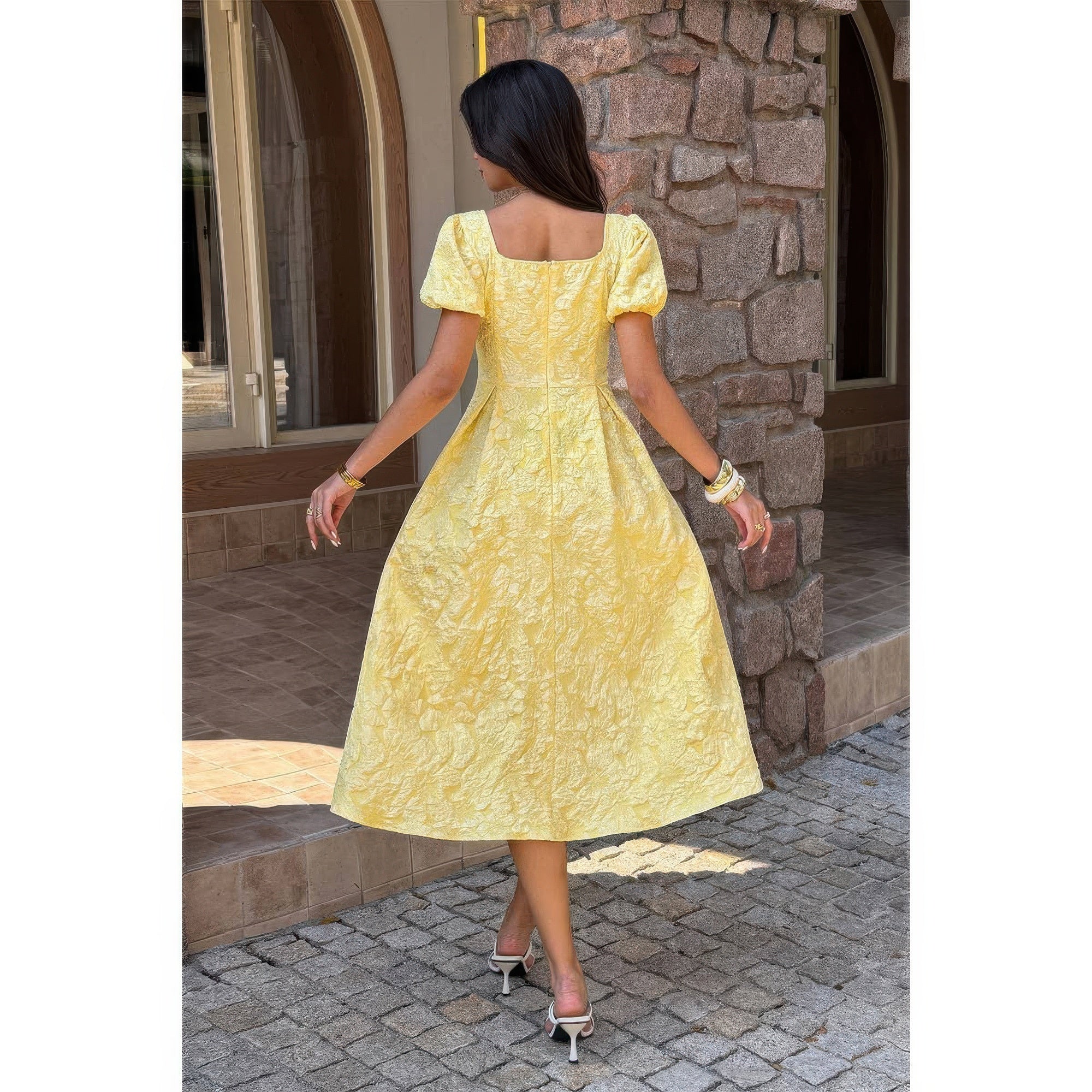 Yellow puff sleeve dress, floral fabric, ideal for summer outings