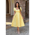 Women's yellow puff sleeve dress, lightweight satin, perfect for summer events