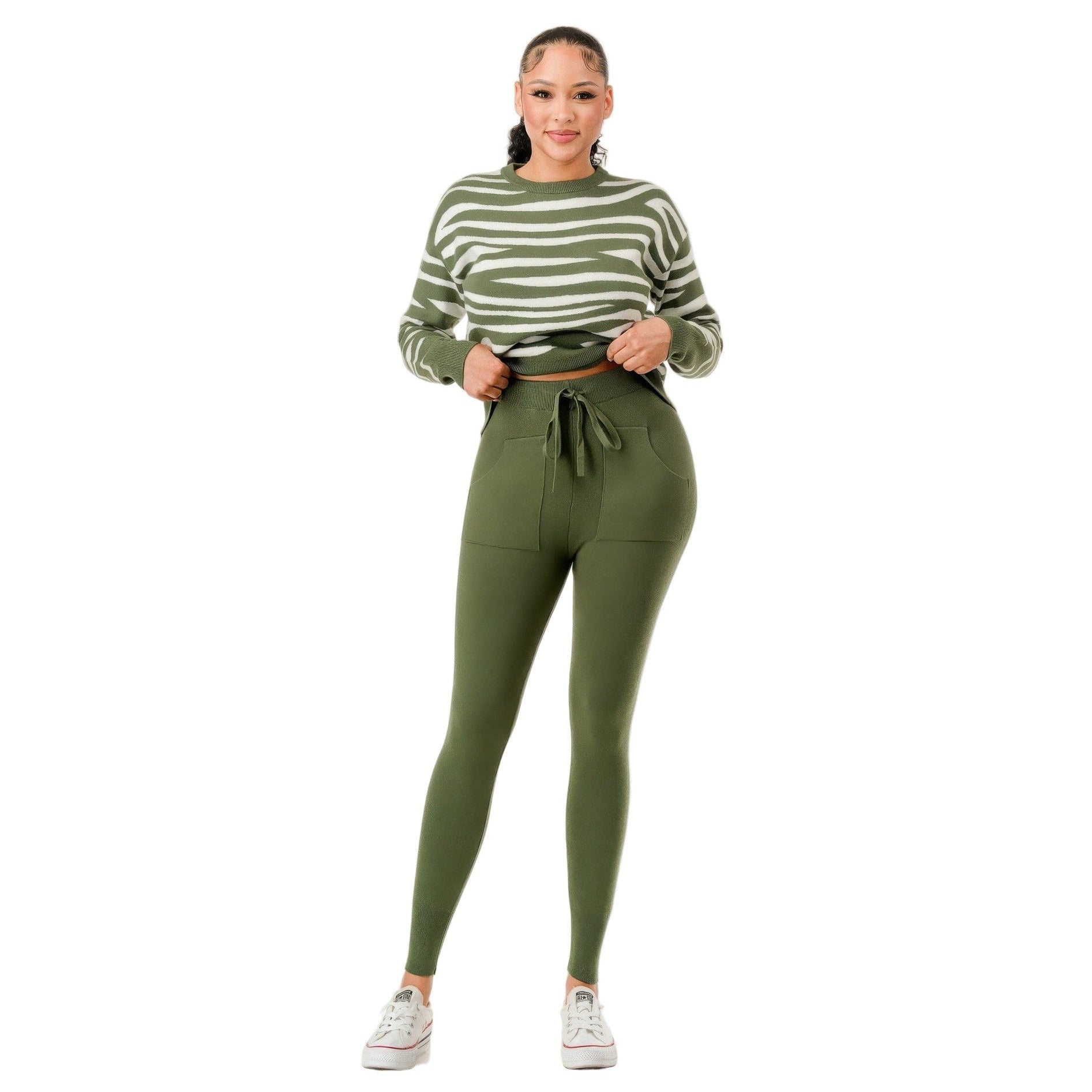Chic pullover sweater and pant set for women in green striped design, perfect for casual wear