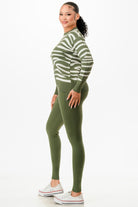 Olive green pullover sweater and pant set for women with stylish striped design