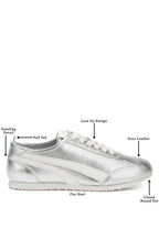 Women's metallic lace-up sneakers in silver, faux leather, stylish and comfortable