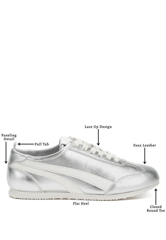 Women's metallic lace-up sneakers in silver, faux leather, stylish and comfortable