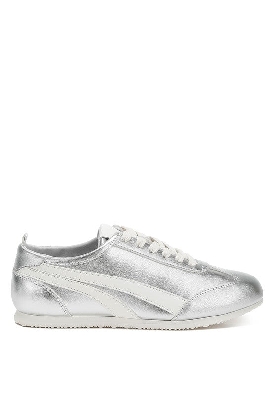 Women's metallic lace-up sneakers in silver for casual wear