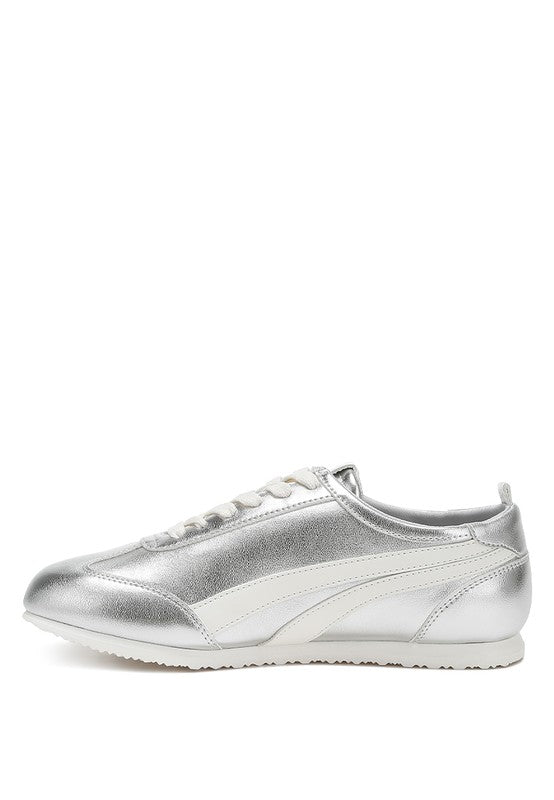 Women's metallic lace-up sneakers in shiny silver for casual wear