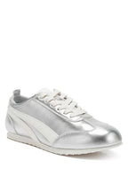 Women's metallic lace-up sneakers in shiny silver for casual wear