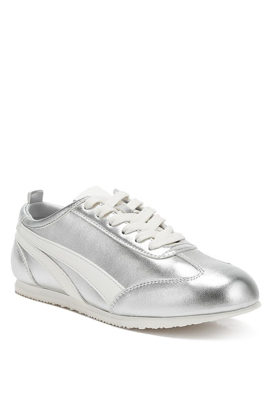 Women's metallic lace-up sneakers in shiny silver for casual wear