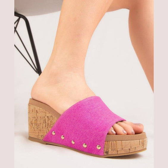Makers Shoes pink leather wedge sandals for women with cork platform and stud details