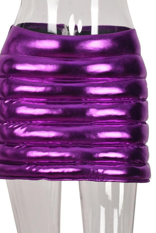 Women's Skirts Purple Puffer Mini Skirt Metallic Shiny Warm Quilted
