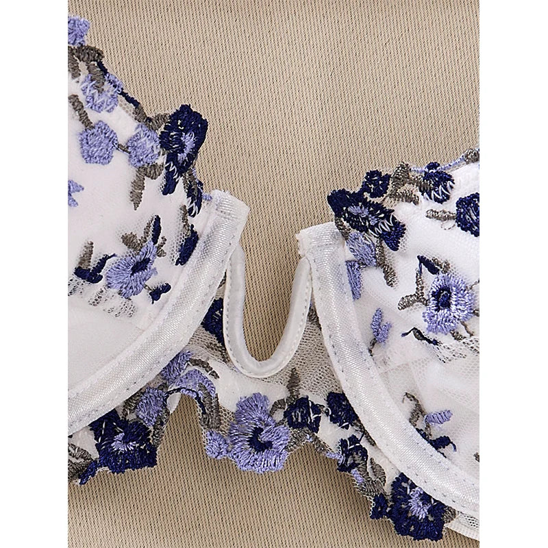 White push up bra with blue floral embroidery, for enhancing curves