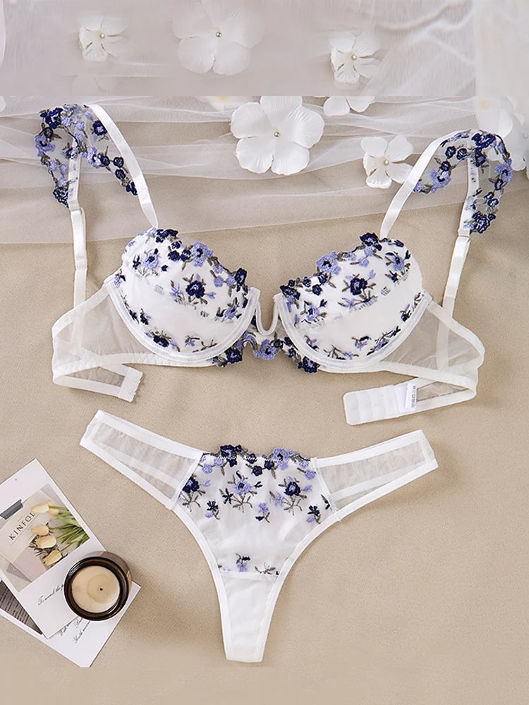 White push up bra with blue floral accents for everyday comfort