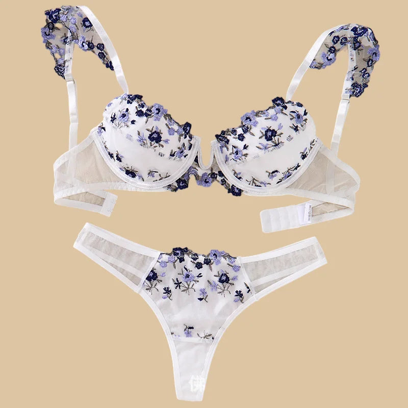 Women's floral lace push up bra in white and navy for everyday comfort