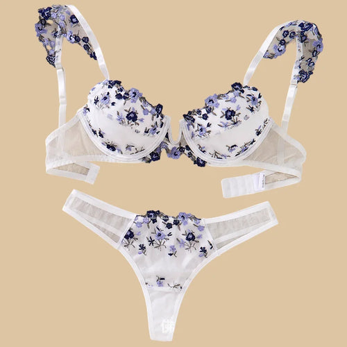 Women's floral lace push up bra in white and navy for everyday comfort