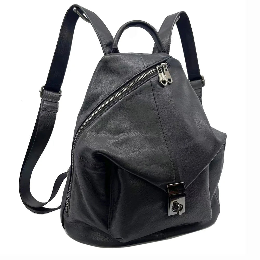 Black leather backpack, stylish design for women on the go