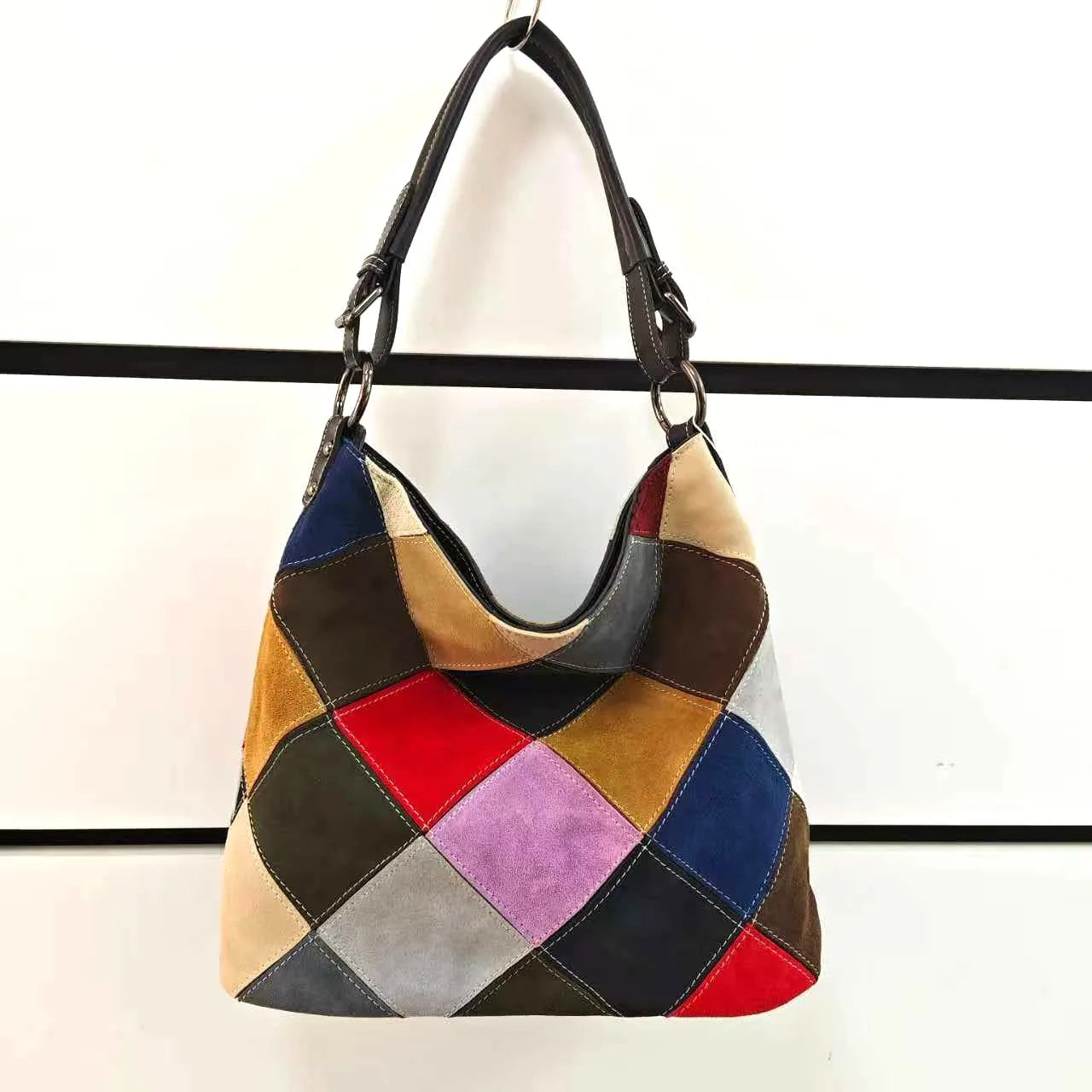 Multicolor suede hobo bag by VacationGrabs, perfect for women on the go