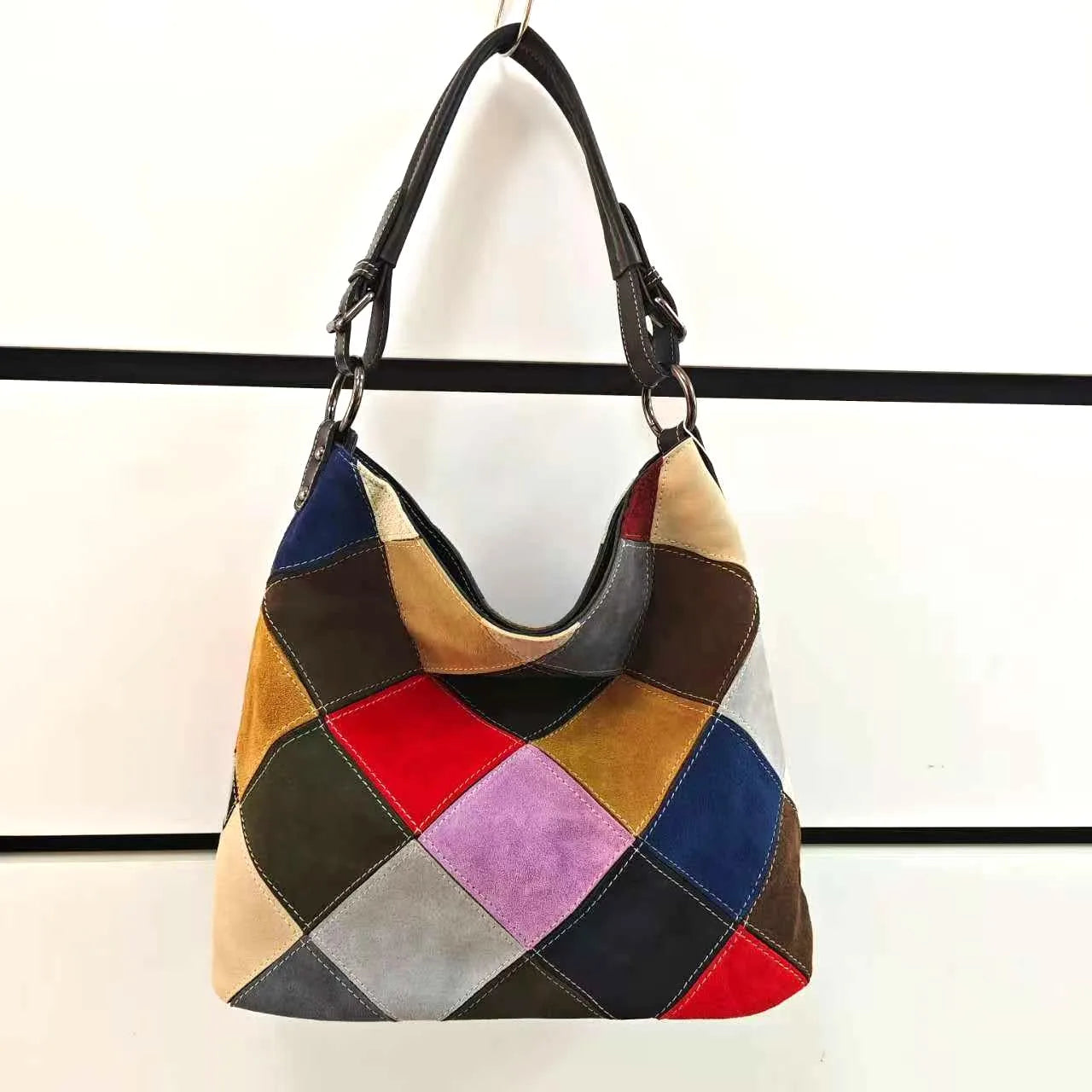 Colorful patchwork leather bag, perfect for women on the go