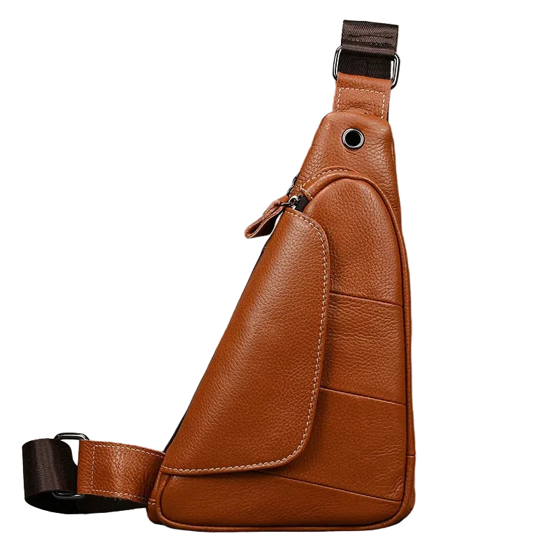 Brown leather sling bag offering quality leather protection for daily use