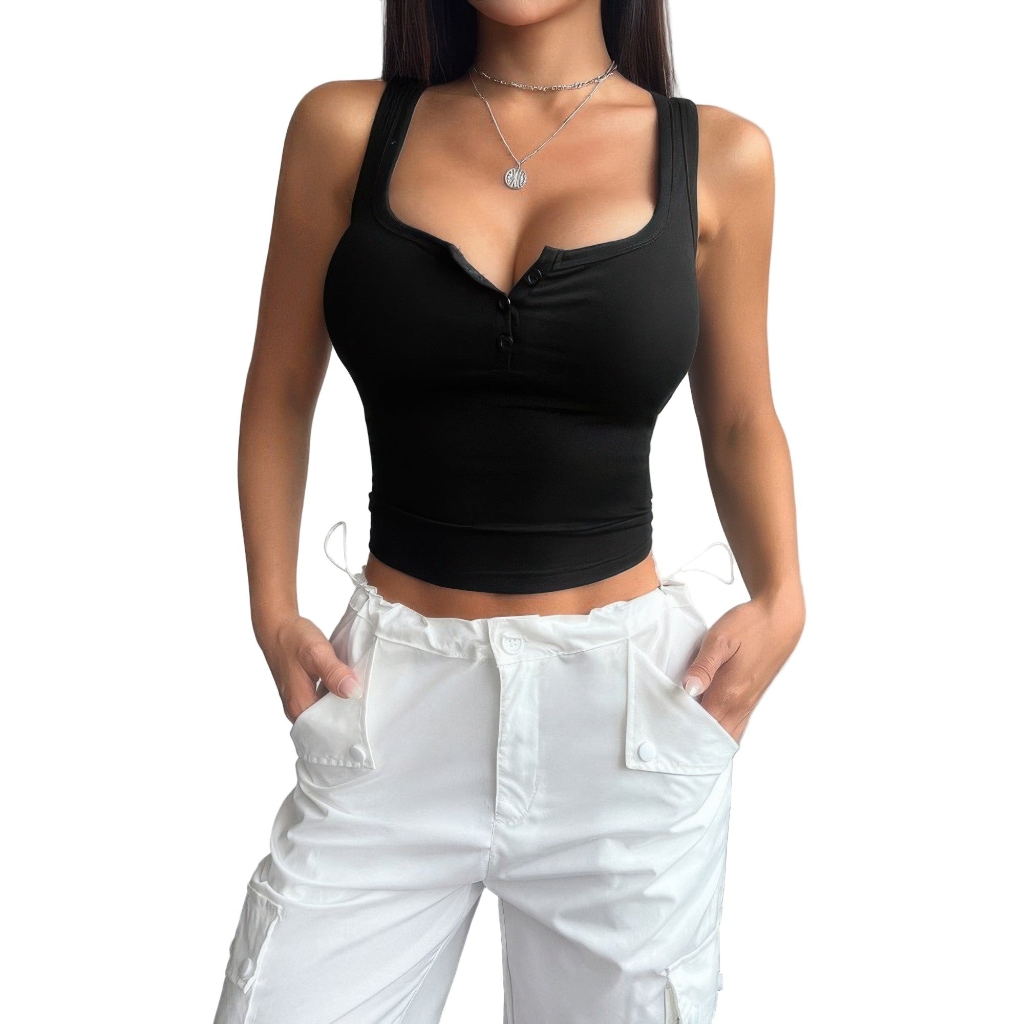 Black quarter button fit tank for women with a fitted design and stylish straps