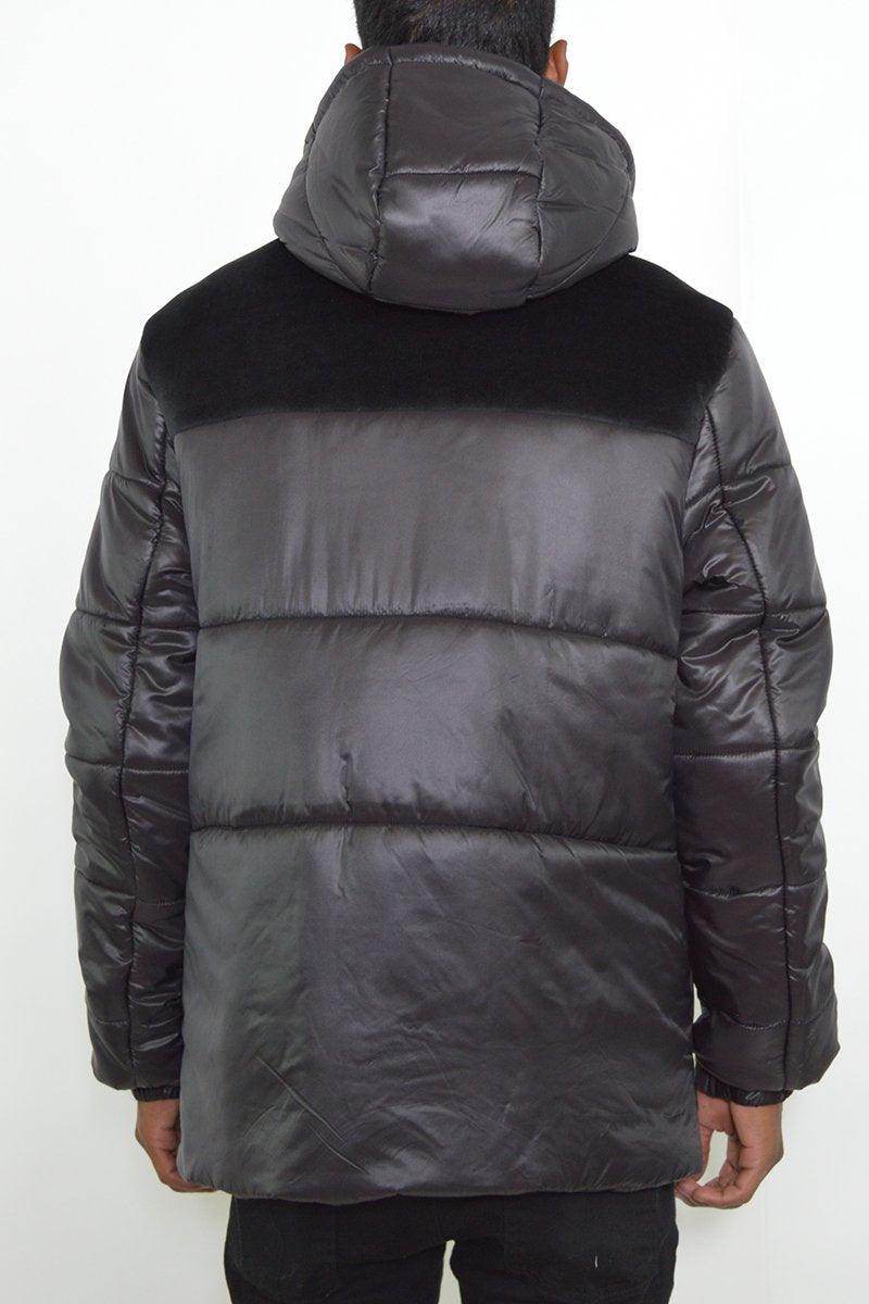Men's black quarter faux suede coat with a stylish hood for modern winter outfits