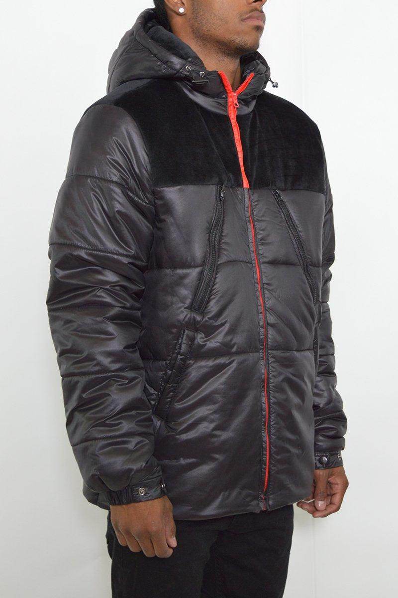 Men's quarter faux suede coat with a hood and contrasting black and red design for stylish warmth