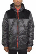 Men's quarter faux suede coat in black with a hood and red accents for a stylish winter look