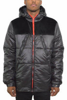 Men's quarter faux suede coat in black with a hood and red accents for a stylish winter look