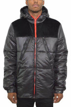 Men's quarter faux suede coat in black with a hood and red accents for a stylish winter look