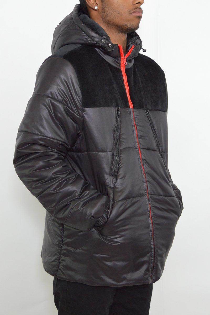 Men's quarter faux suede coat by VacationGrabs in black with a hood and zip closure