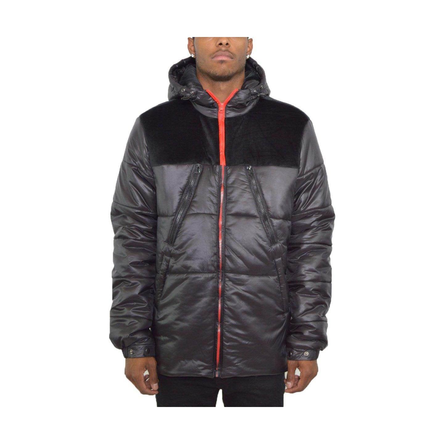 Men's Winter Jacket in Black with Hood and Quarter Faux Suede Coat Design from VacationGrabs