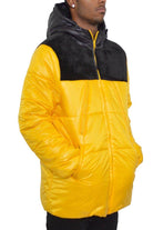 VacatonGrabs quarter jacket for men in yellow and black, featuring a hood and zip-up front