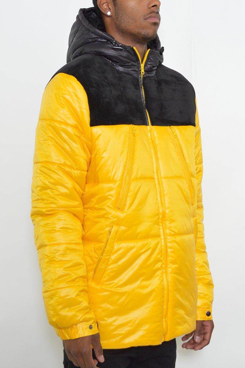 Stylish yellow and black quarter jacket for men with a cozy hood and zippered pockets