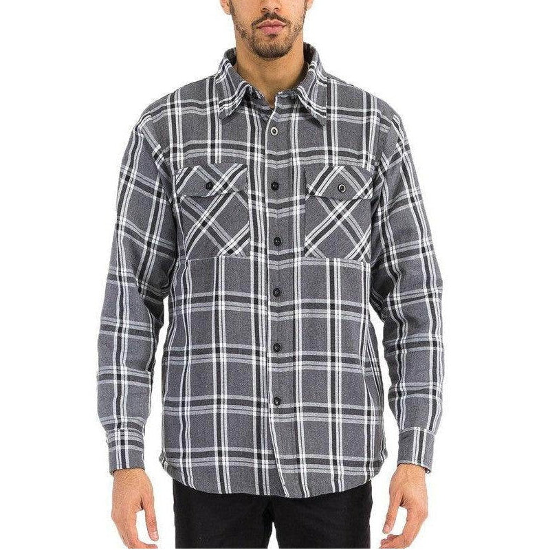 WEIV quilted flannel shirt for men in gray and white plaid with button-up front and chest pockets
