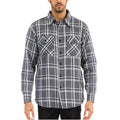 WEIV quilted flannel shirt for men in gray and white plaid with button-up front and chest pockets