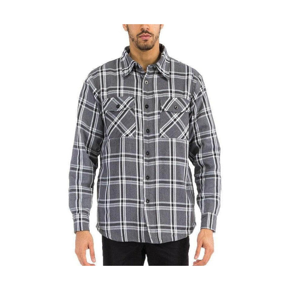 WEIV quilted flannel shirt for men in gray and white plaid with button-up front and chest pockets