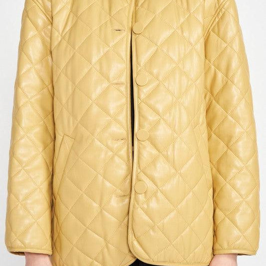 Women's Coats & Jackets Quilted PU Leather Button Down Jacket