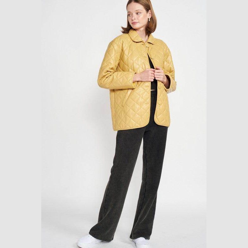 Quilted PU Leather Button Down Jacket - VacationGrabs