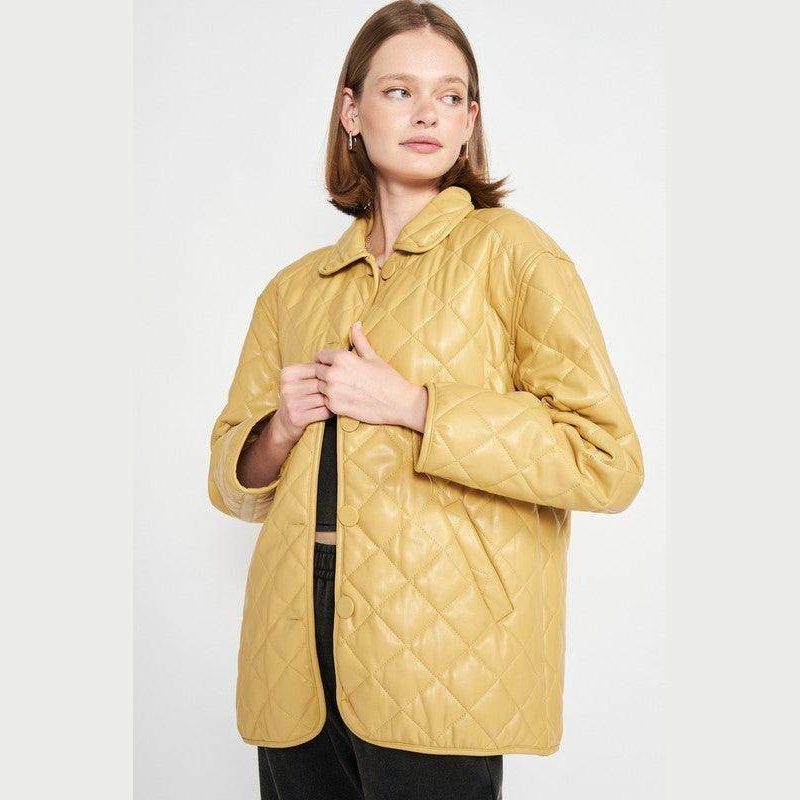 Quilted PU Leather Button Down Jacket - VacationGrabs