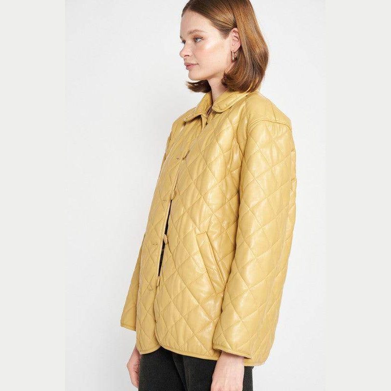 Quilted PU Leather Button Down Jacket - VacationGrabs