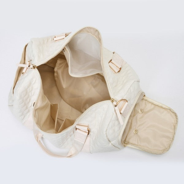 Aili's Corner quilted weekender bag for women in cream color with spacious interior and zippered compartments