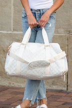 Aili's Corner quilted weekender bag for women in white, perfect for travel and stylish getaways