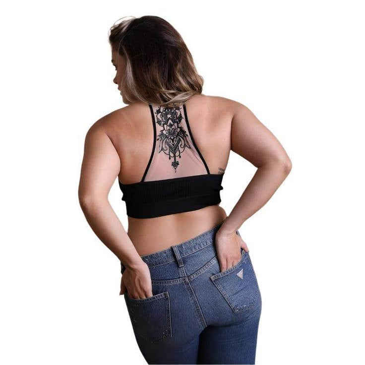 Leto Accessories racerback bralette plus size in black with decorative back design and fitted style