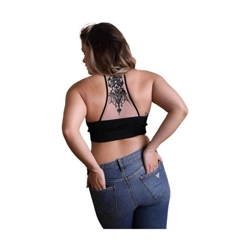 Leto Accessories racerback bralette plus size in black with decorative back design and fitted style