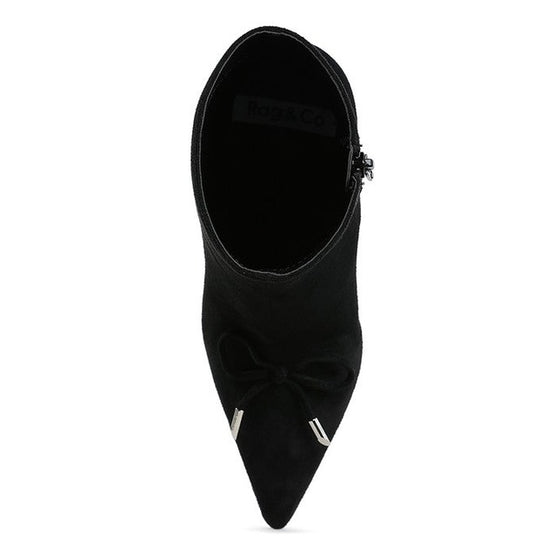 Rag Company women's chic bow detail ankle boots in black suede with pointed toe and side zipper