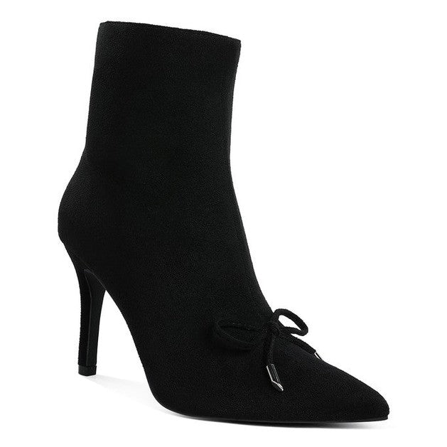 Rag Company women's chic bow detail ankle boots in black suede with pointed toe and high heel