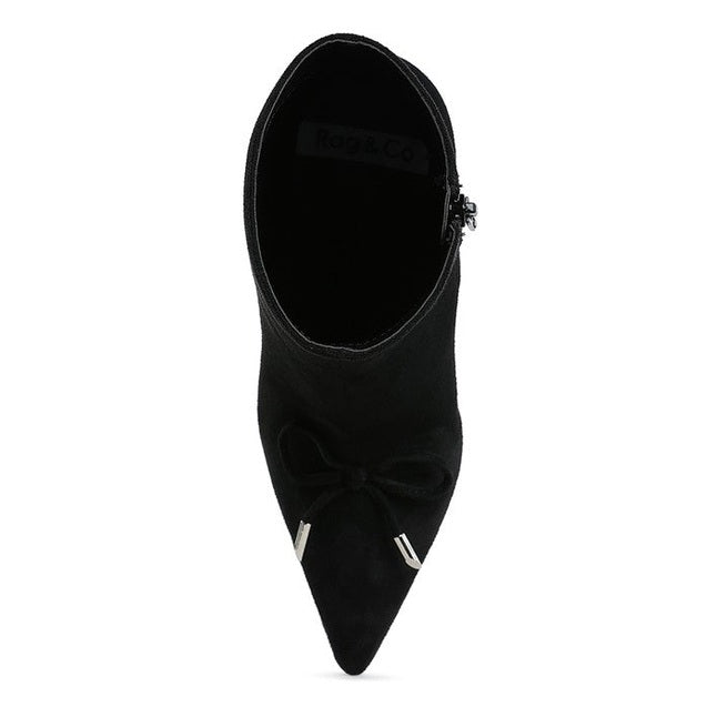 Rag Company chic bow detail ankle boots in black suede with pointed toe and side zipper