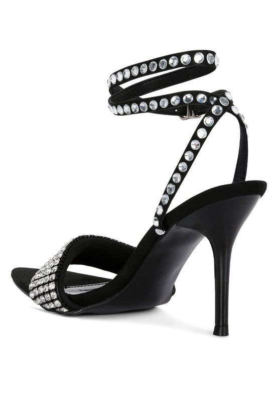 Women's high heeled diamante sandals in black for elegant events